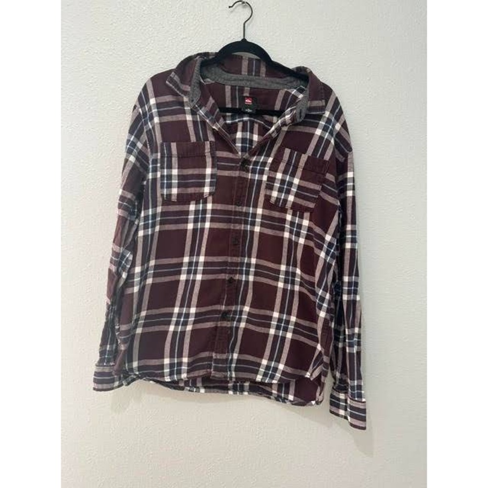 Quiksilver Mens XL Flannel Shirt Burgundy Plaid Long Sleeve Button Down Pockets